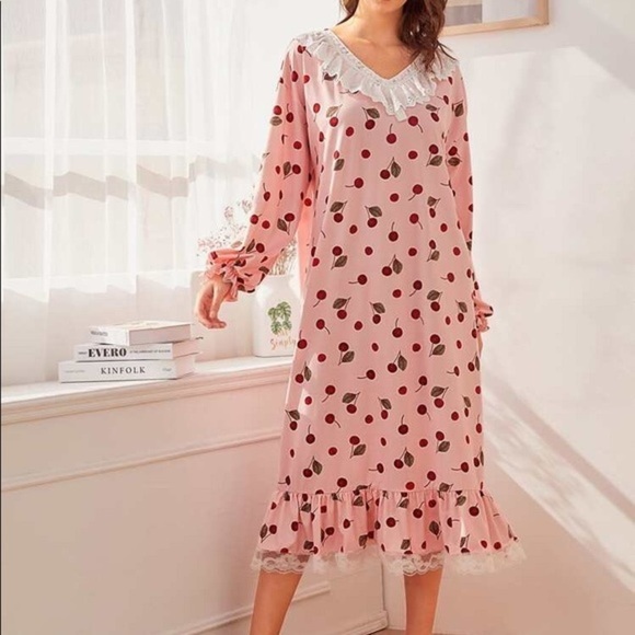 New Pink Cherry Ruffle Long Sleeve Nightgown​ - Picture 1 of 5